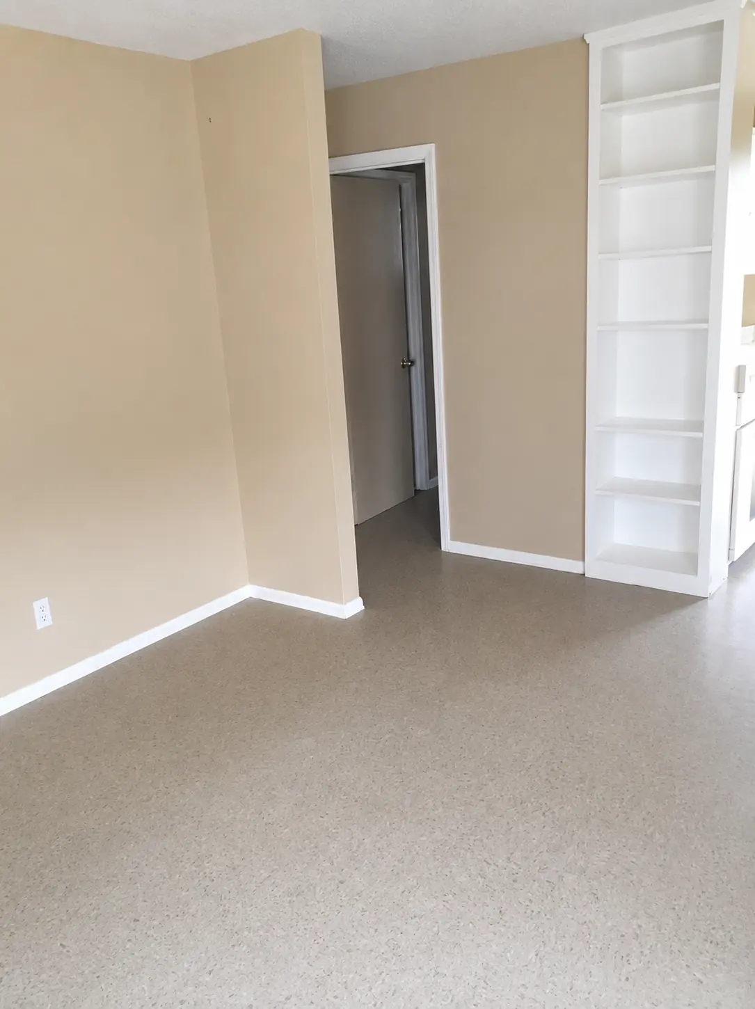 Living area with built-in shelving
